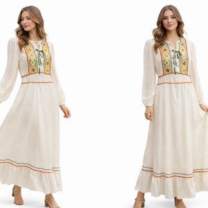 Vintage 70s Prairie Maxi Dress Embroidered Boho Cottagecore Cream Sz 12